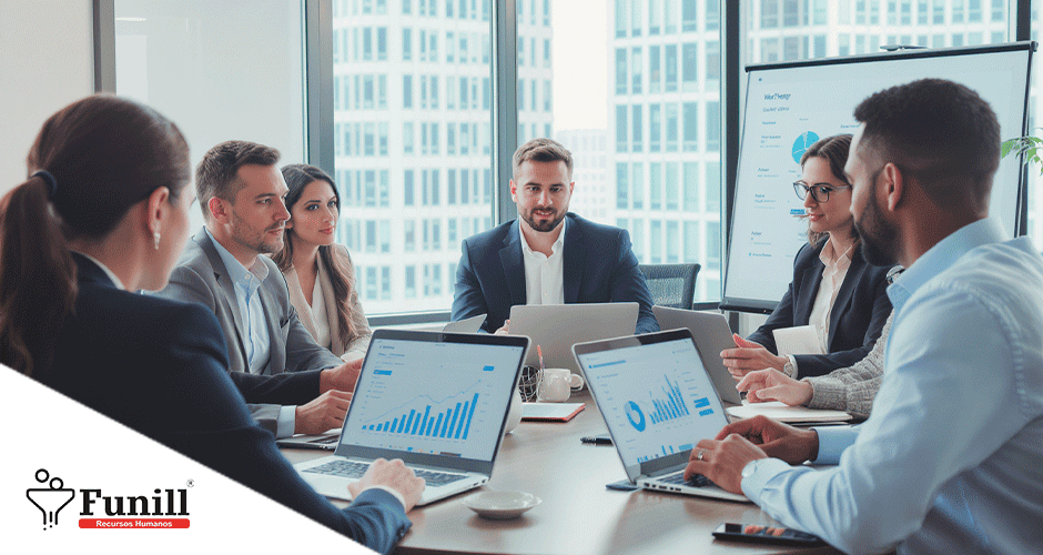 Reunião corporativa com equipe de RH utilizando dados de People Analytics para direcionar decisões organizacionais