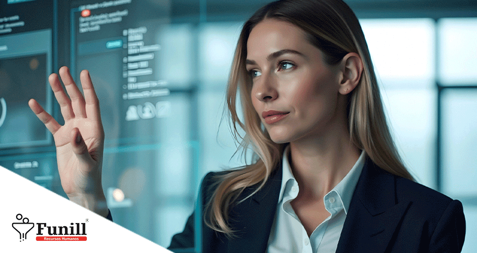 Mulher usando interface digital interativa em ambiente corporativo moderno