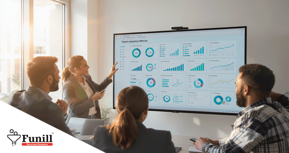 Apresentação corporativa com gráficos sobre aquisição de talentos por inteligência artificial