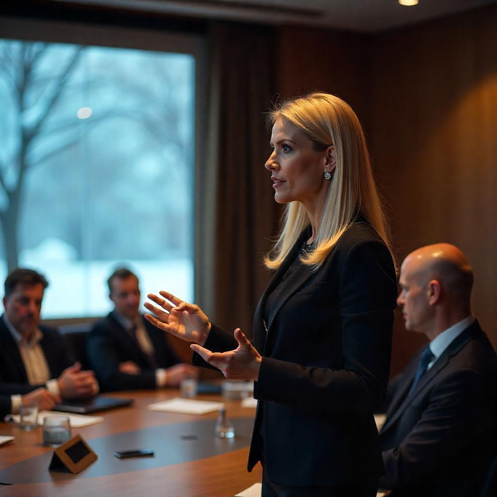 Mulher loira em reunião corporativa apresentando para grupo de executivos