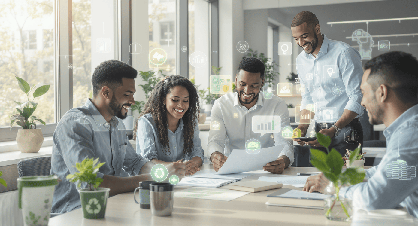 Equipe de consultores analisa dados ESG em reunião sobre sustentabilidade corporativa