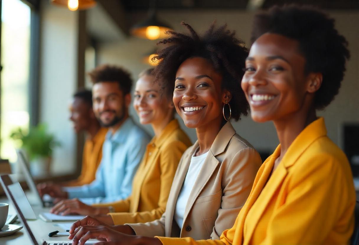 Grupo de profissionais sorrindo, sentados lado a lado em ambiente corporativo moderno