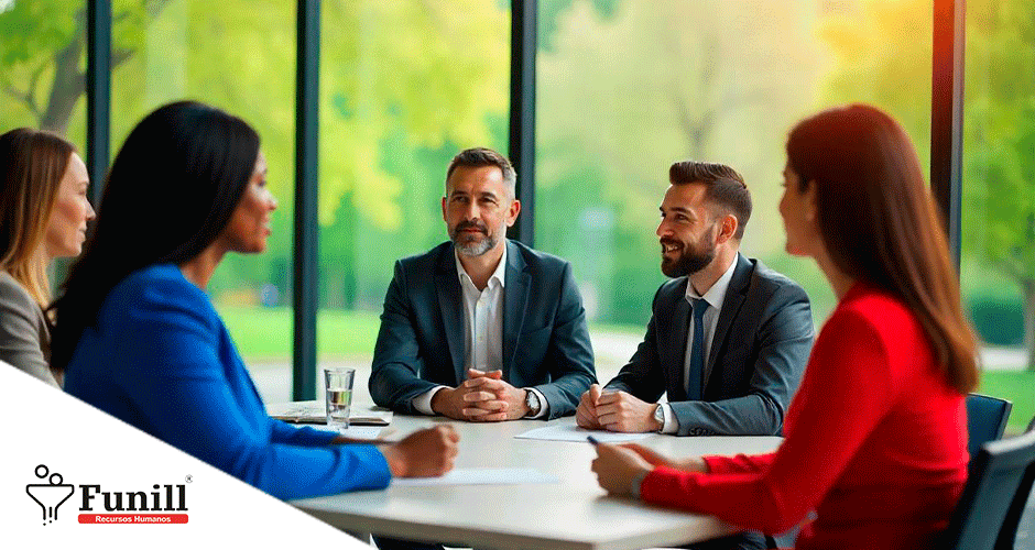 Reunião entre executivos em uma sala de conferência com vista para área verde