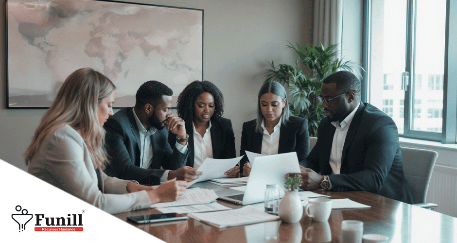 Grupo executivo analisando documentos e planejamento de M&A com apoio da consultoria de RH