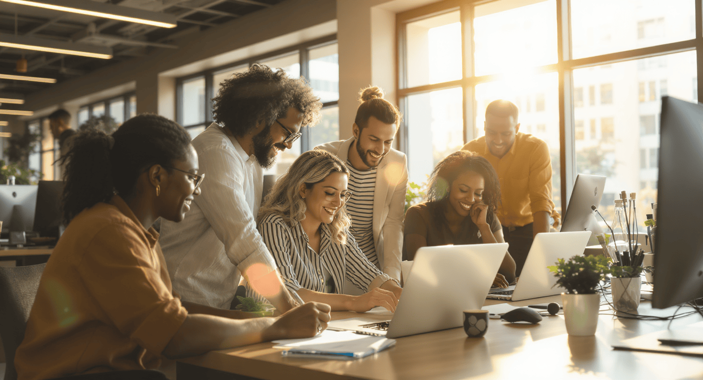 Equipe multicultural discutindo estratégias de recrutamento inclusivo em ambiente corporativo moderno, com foco em diversidade e desempenho