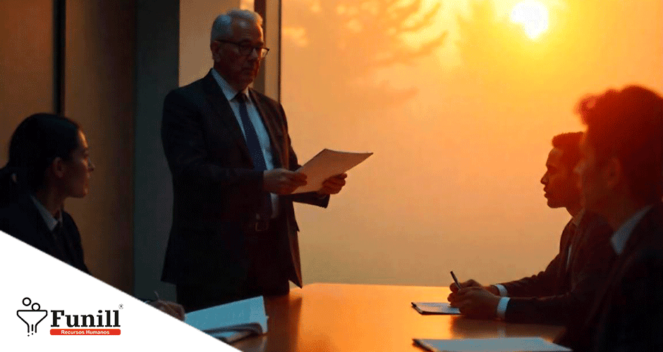 Diretor de RH em pé segurando papéis durante reunião em sala com pôr do sol ao fundo