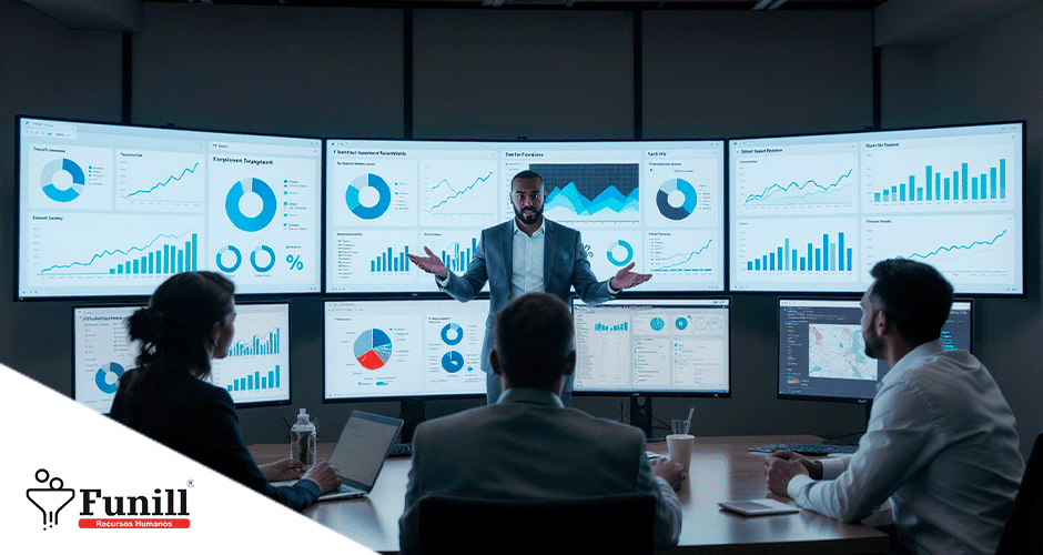 Apresentador conduz equipe com dashboards de métricas de employer branding em várias telas