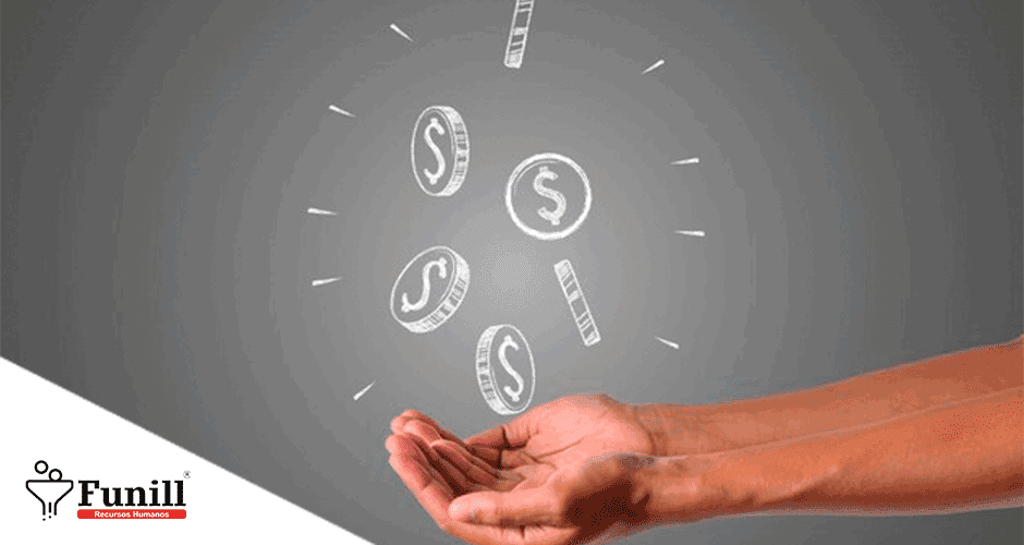 Uma pessoa estendendo a mão com símbolos de dinheiro saindo dela